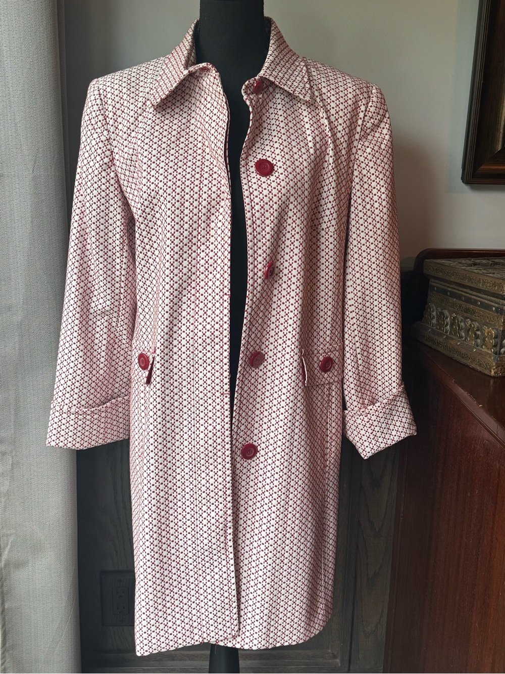 Apt. 9 Red & Cream Geometric Button-Up lightweight chesterfield jacket sz 12 EUC